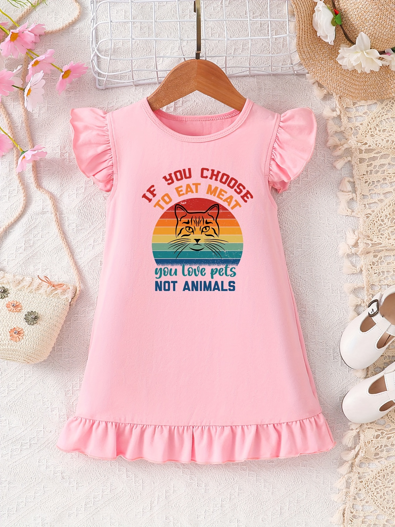 Choose Eat Meat Cartoon Cat Graphic Print Baby Girls' Comfy - Temu