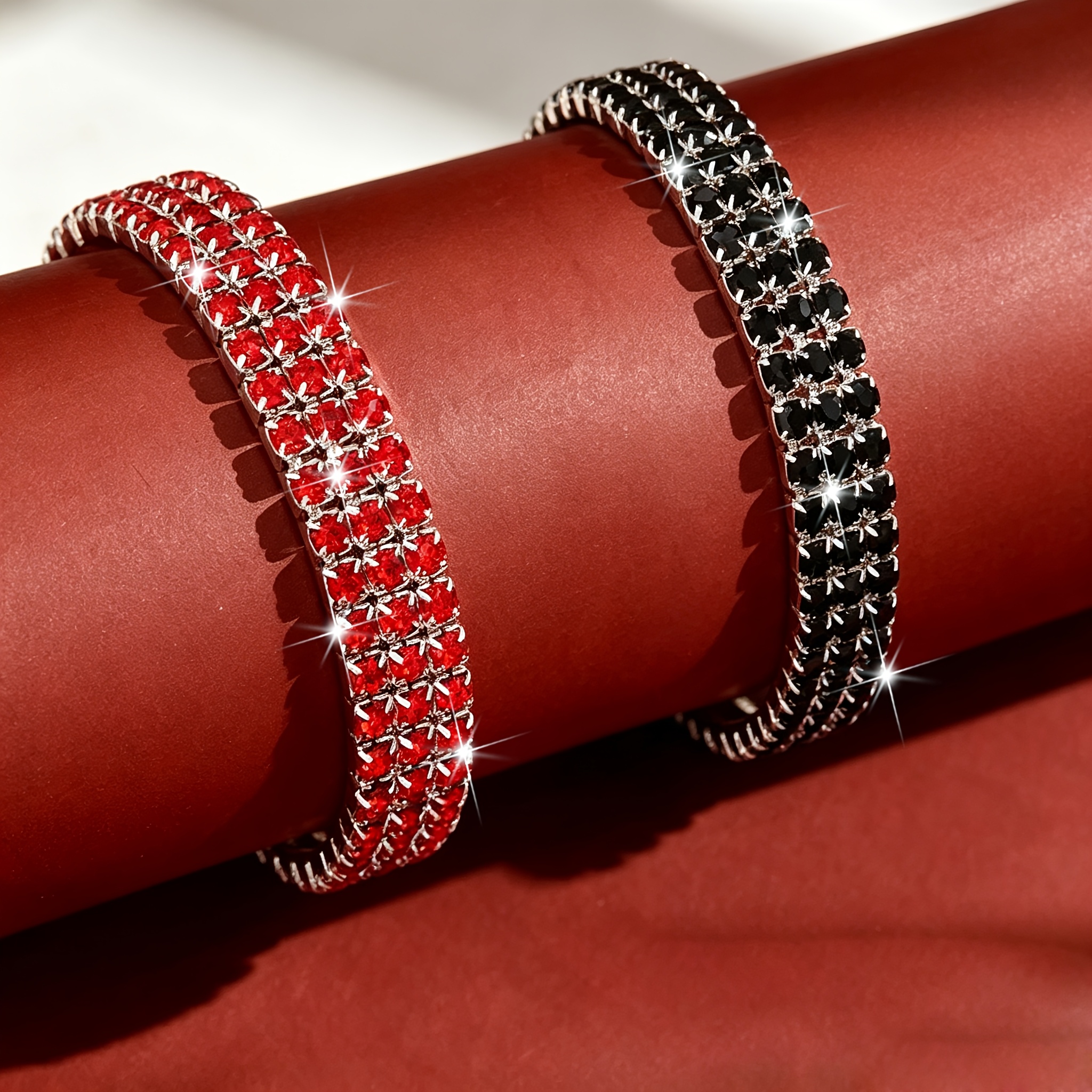 TEMU 2pcs Black And Red Combination Fashionable Light Luxury Bracelet, Unisex Hand Jewelry For Banquets, , Couple's Style Stretchy Wide-band Intimate