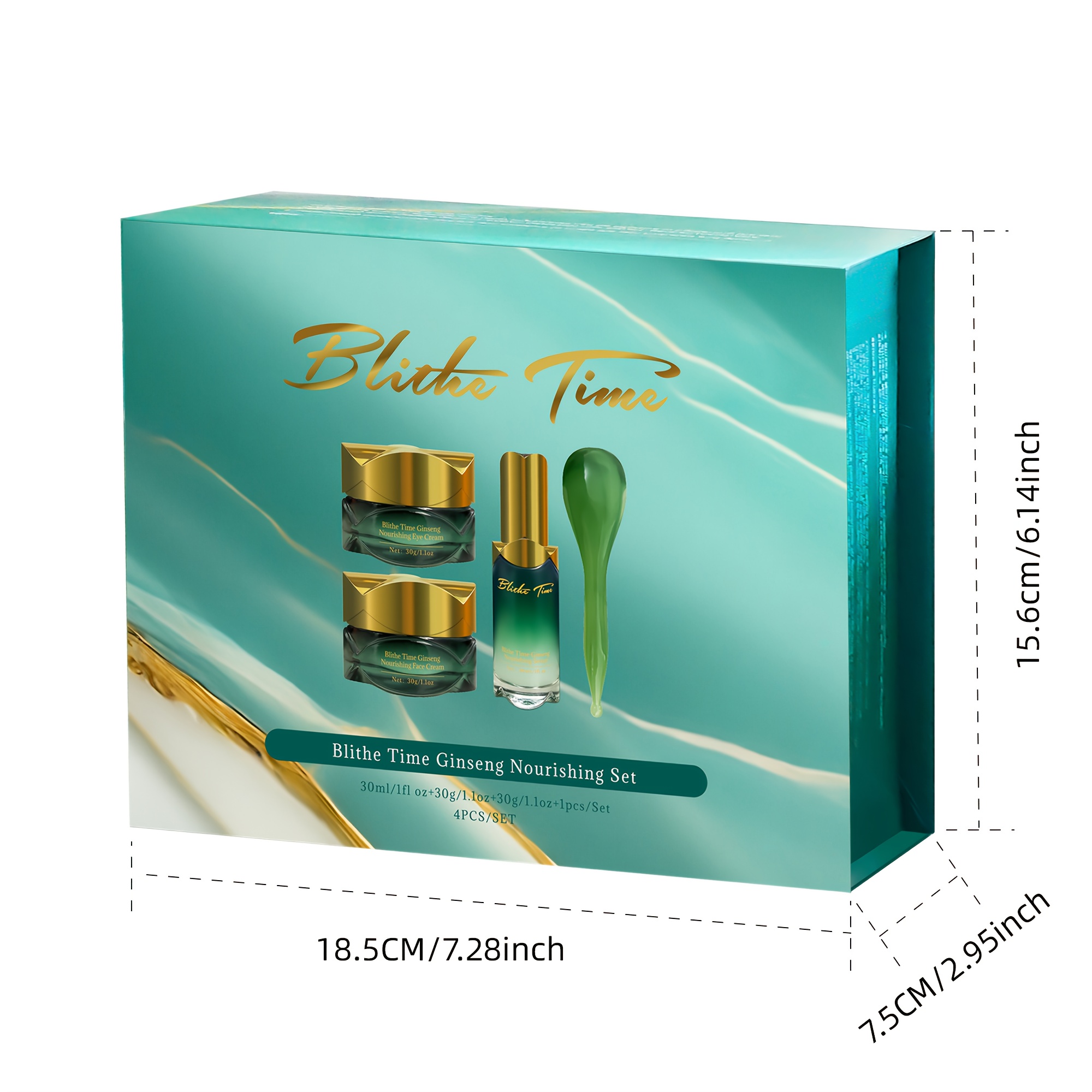 Blithe Time GINSENG HRANJIVI SET OD 4 KOMADA, SADRŽI KREMU ZA LICE, KREMU ZA OČI, ULJE ZA LICE, ŠTAPIĆ ZA MASAŽU LICA, SADRŽI EKSTRAKT KORENJA GINSENGA I DRUGE BILJNE EKSTRAKTE, ZATEŽUJE SVJETLO BEŽ TON, SET ZA NJEGU KOŽE ZA ŽENE, ČINI SVJETLO BEŽ TON MLAĐIM