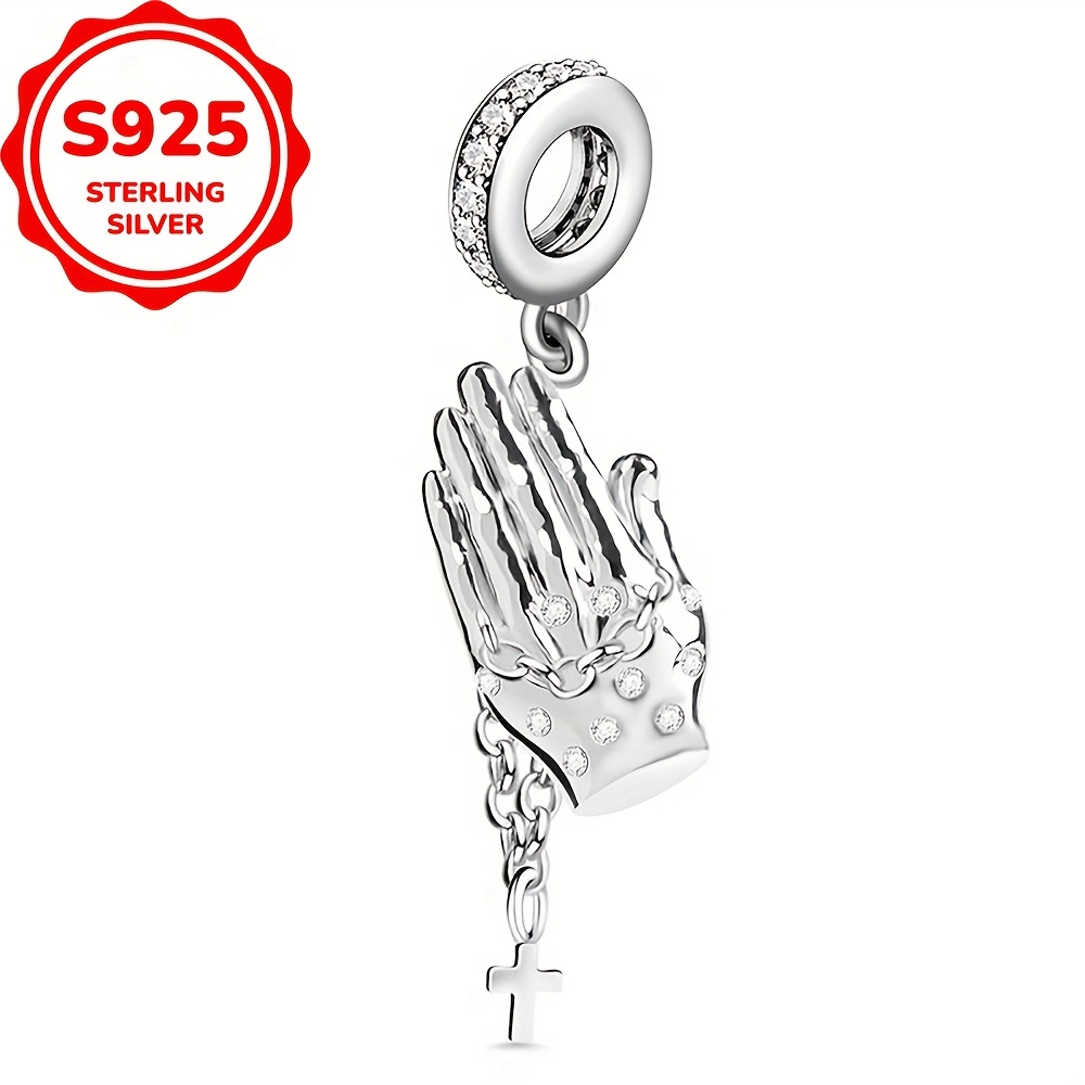 Image of 1pc 925 Sterling Silvery Pendant, Exquisite Hands And Cross Combination, Synthetic Zirconia (cubic Zirconia) Mosaic, 3.48 G, For Birthday, , Fashion Jewelry Making