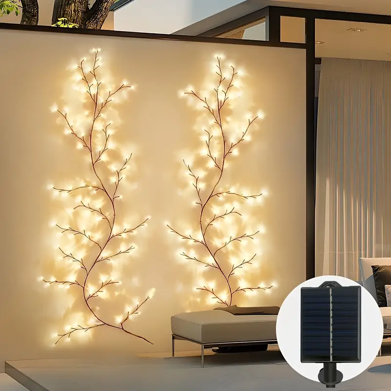 1pc solar 96 led willow vine wall lamp 8 lighting dimmable artificial plant branches fairy lights with lithium battery warm white for indoor outdoor garden patio holiday decor commercial street use solar garden lights Product details 0