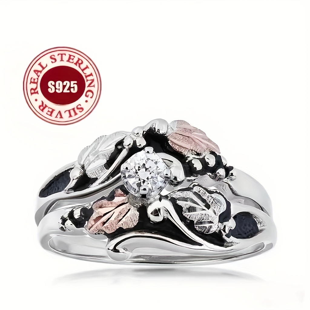 TEMU Elegant S925 Silver Leaf Inlaid Design 5a Grade Artificial Cubic 5a Zirconia Ring Set, Suitable For Daily Wear, Banquets, And Valentine's Day