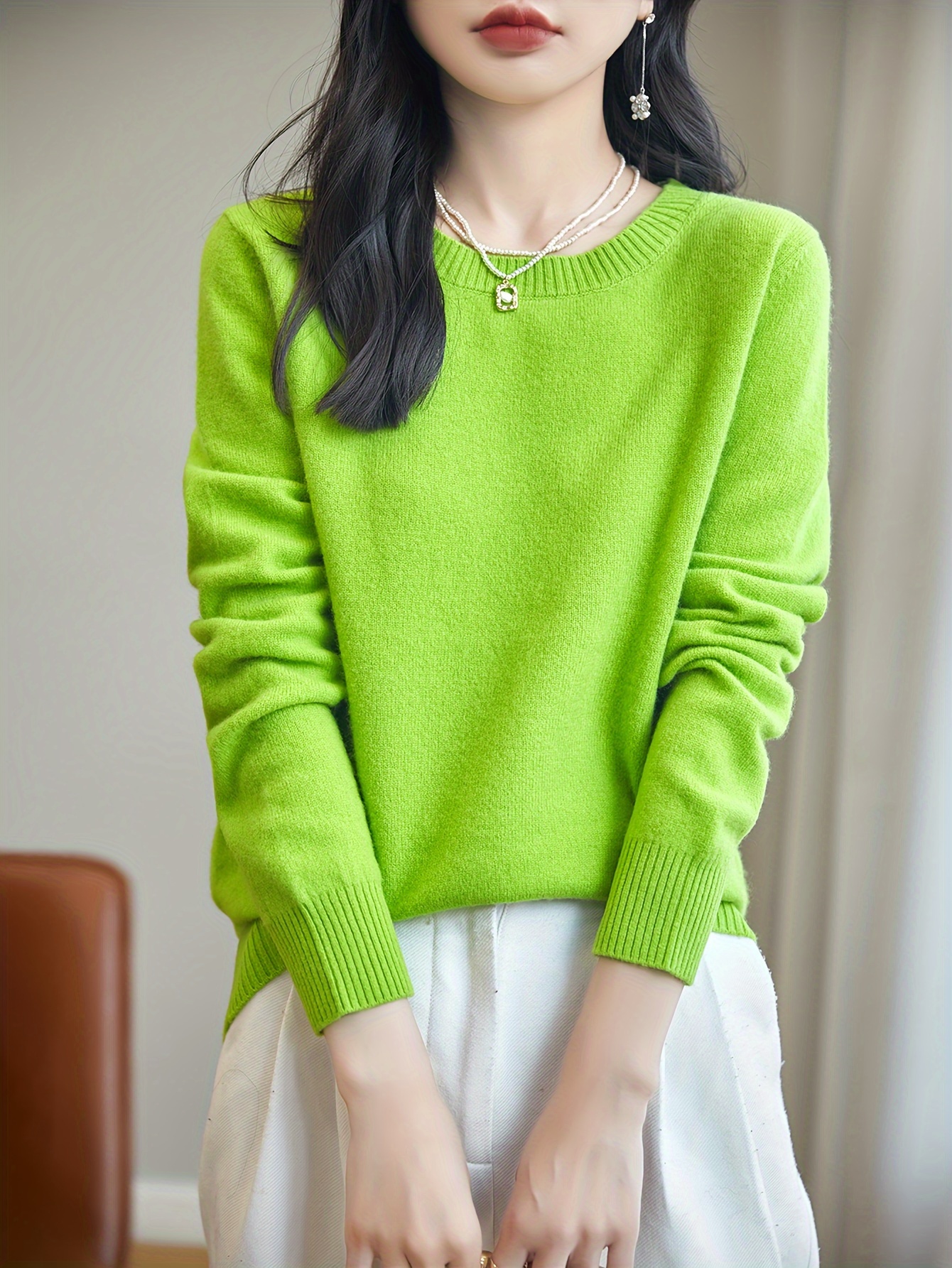 solid crew neck wool pullover sweater elegant long sleeve cozy sweater womens clothing grass green 3