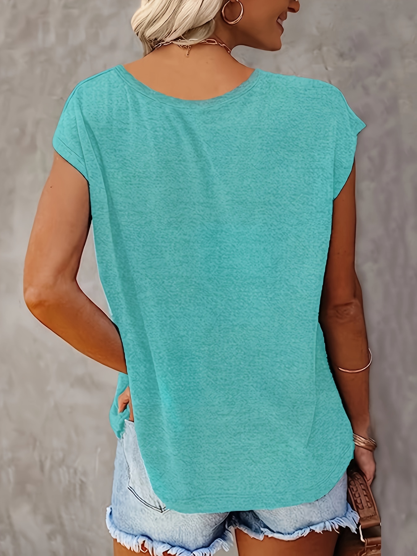 Lotus Print V-neck T-Shirt, Casual Cap Sleeve T-Shirt For Spring & Summer, Women's Clothing