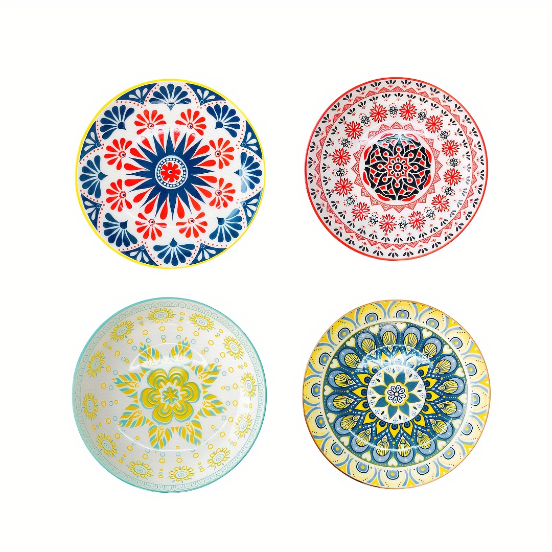 Image of Set Of 4 Bohemian Style Ceramic Cat Bowls, Featuring Colorful And Cute Designs, Suitable For Microwaves, Ovens, And Dishwashers, With A Capacity Of 7 Ounces