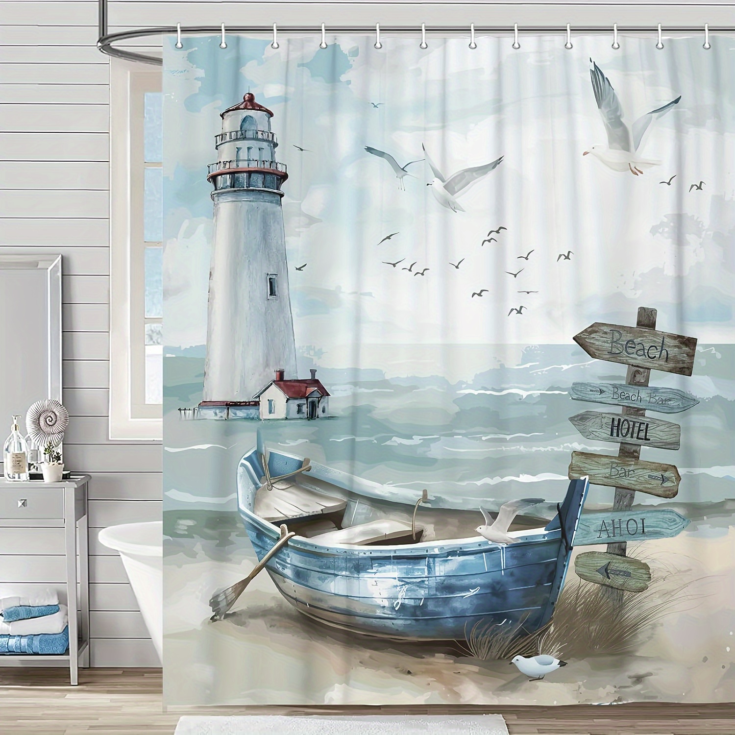 

Coastal Charm Shower Curtain Set - Ocean Beach & Lighthouse Design, Waterproof Polyester With Hooks Included, Perfect For Bathroom Decor