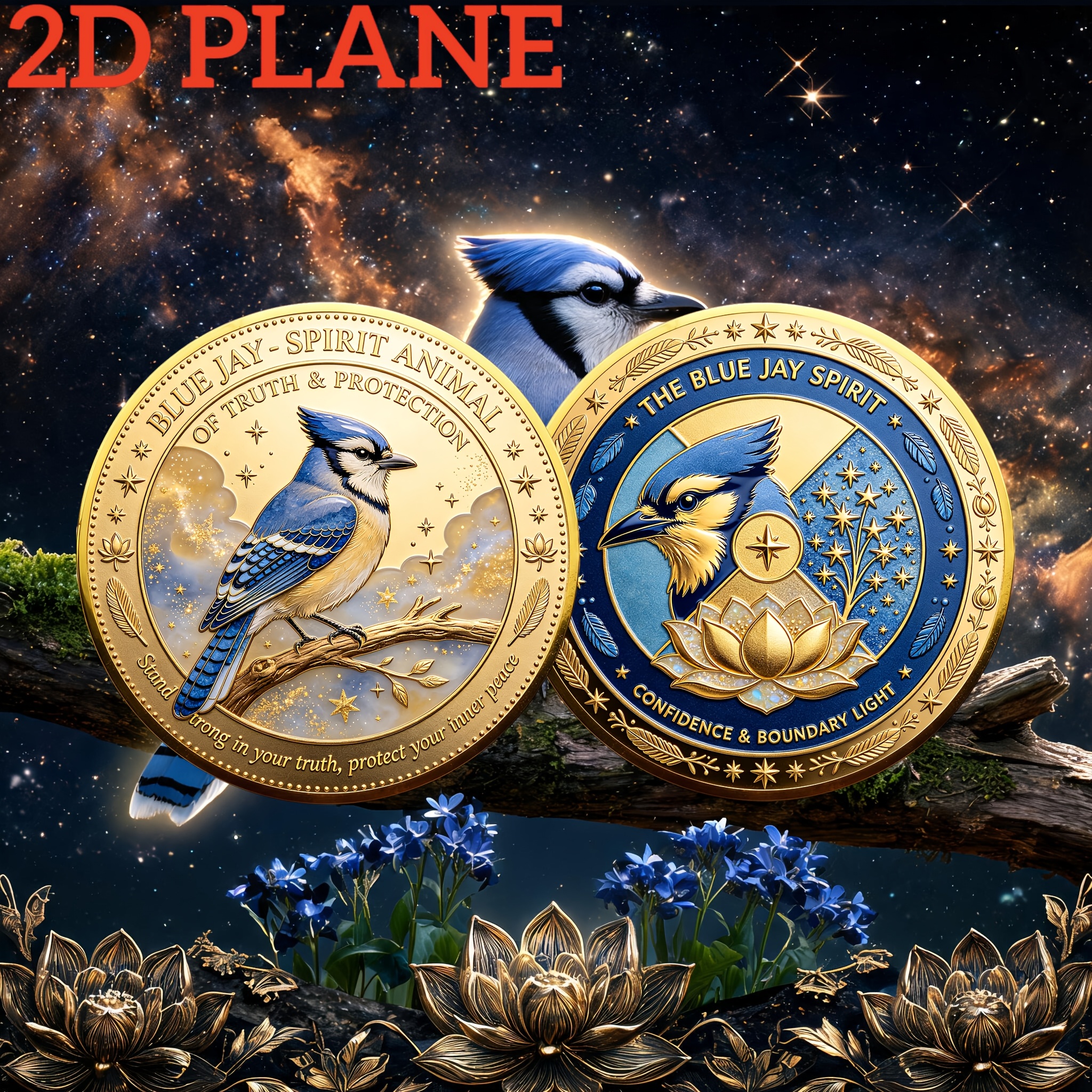 TEMU 1pc, Pièce de monnaie commémorative de 2D double face imprimée de bleu, Animal , Bordure Lotus étoilé, Amulette de prière de , Branche , bleu