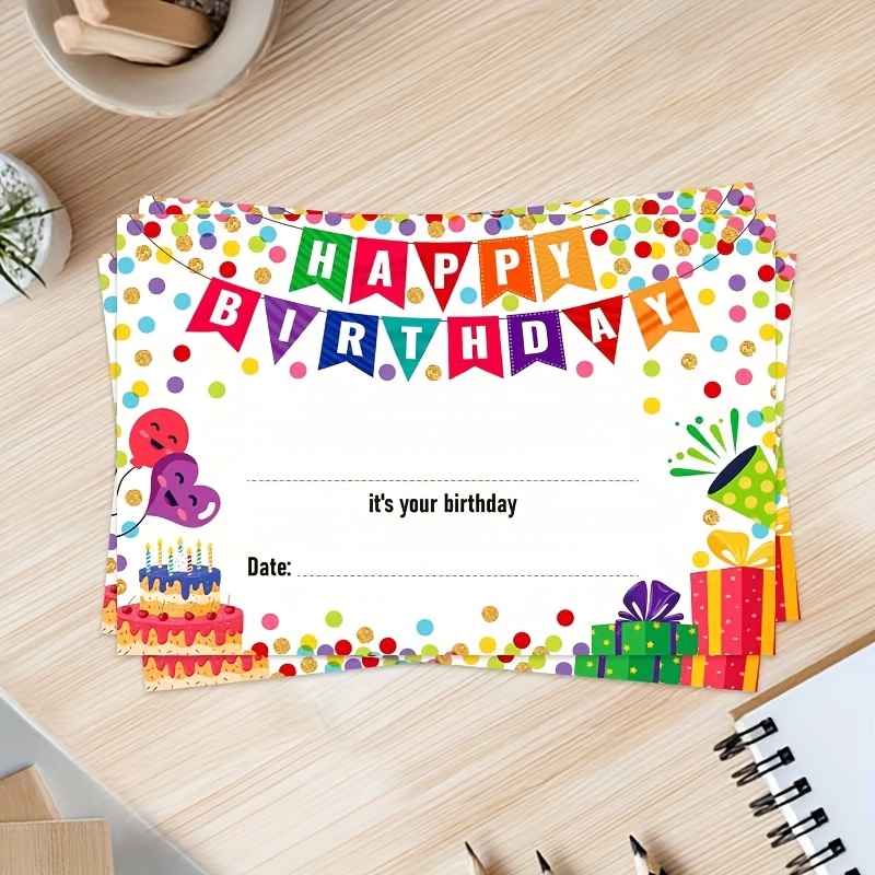 TEMU 50pcs Colorful Birthday Greeting Cards, Invitation Cards, Fun , Suitable For Birthday Celebrations, Favors, Invitations, Gift Cards, Cards