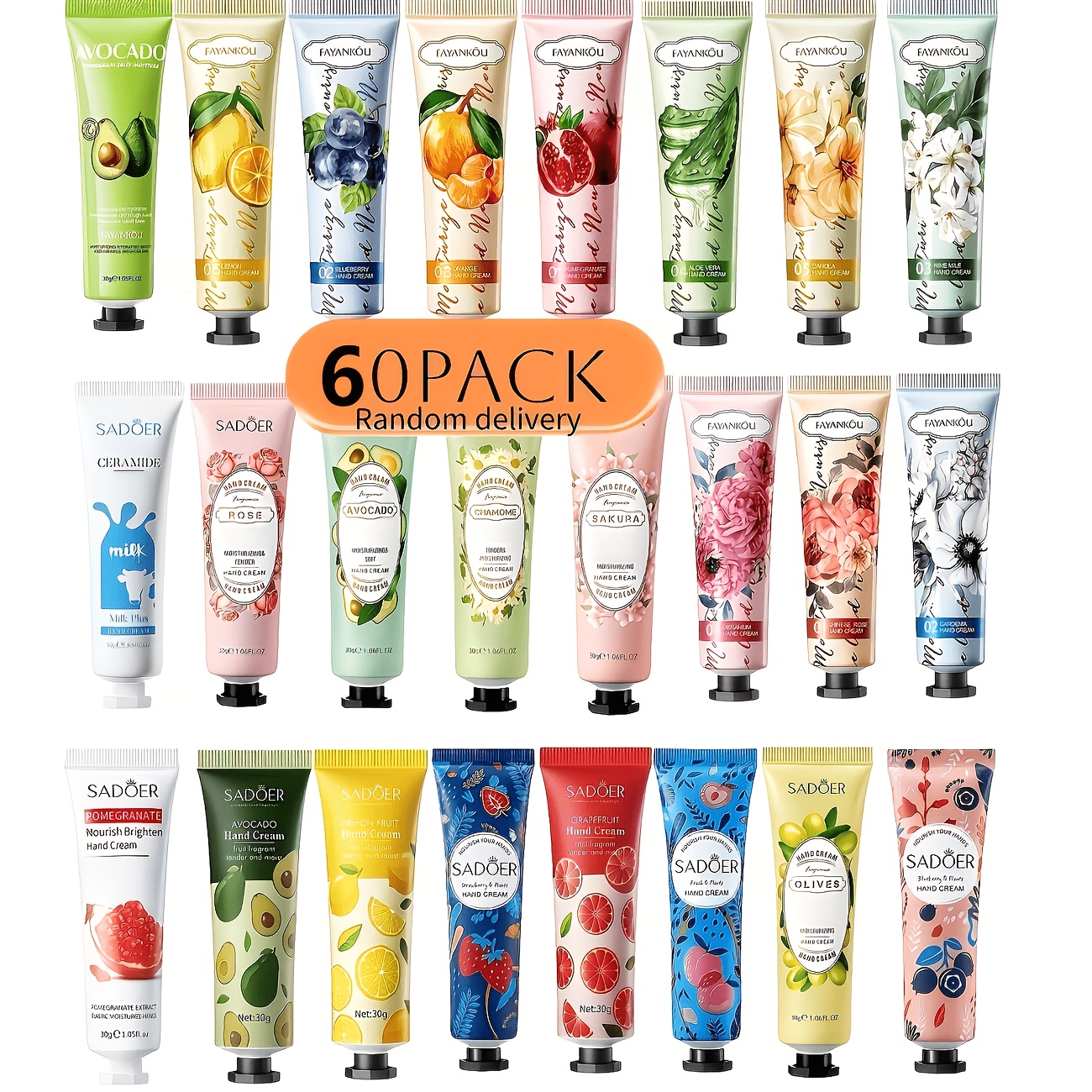 TEMU 60pcs Hand Cream Random Styles Hand Cream Set, Autumn And Winter Moisturizing Plant-scented Lotion, Suitable For Dry And Cracked Hands, Body-