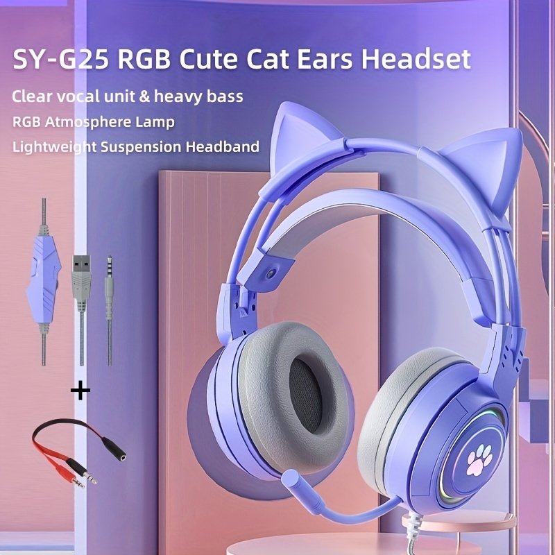 G25 Computer Headset Purple Cat Ear Luminous Game Headset Stereo Suitable For PS4 PC One PS5 Devices Headset With Microphone RGB Light Bass Surround Suitable For Notebook Computers Games And