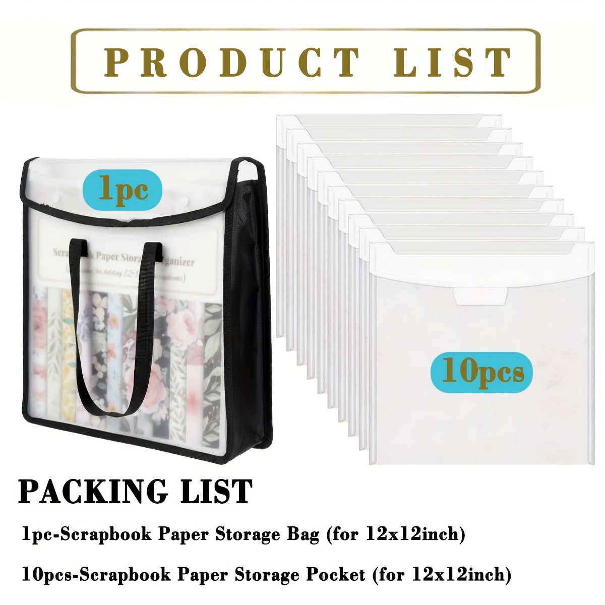 TEMU Aboom 12x12 Inch Scrapbook Paper Storage Set - Includes 1pc Expandable Scrapbook Paper Organizer, 10pcs Clear File Bags With Handles, Can