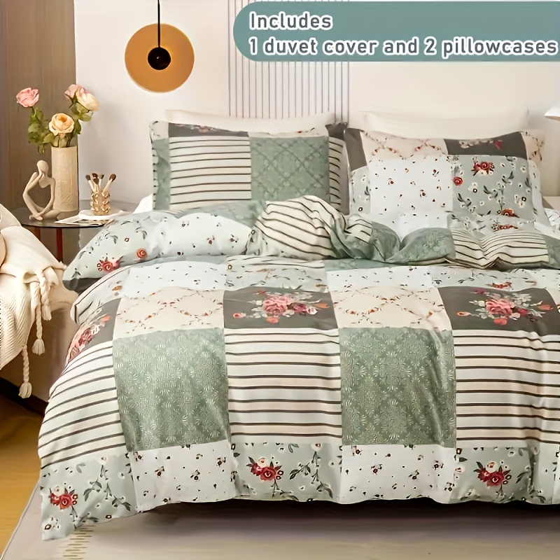3pcs Green Floral Printed Duvet Cover Set
