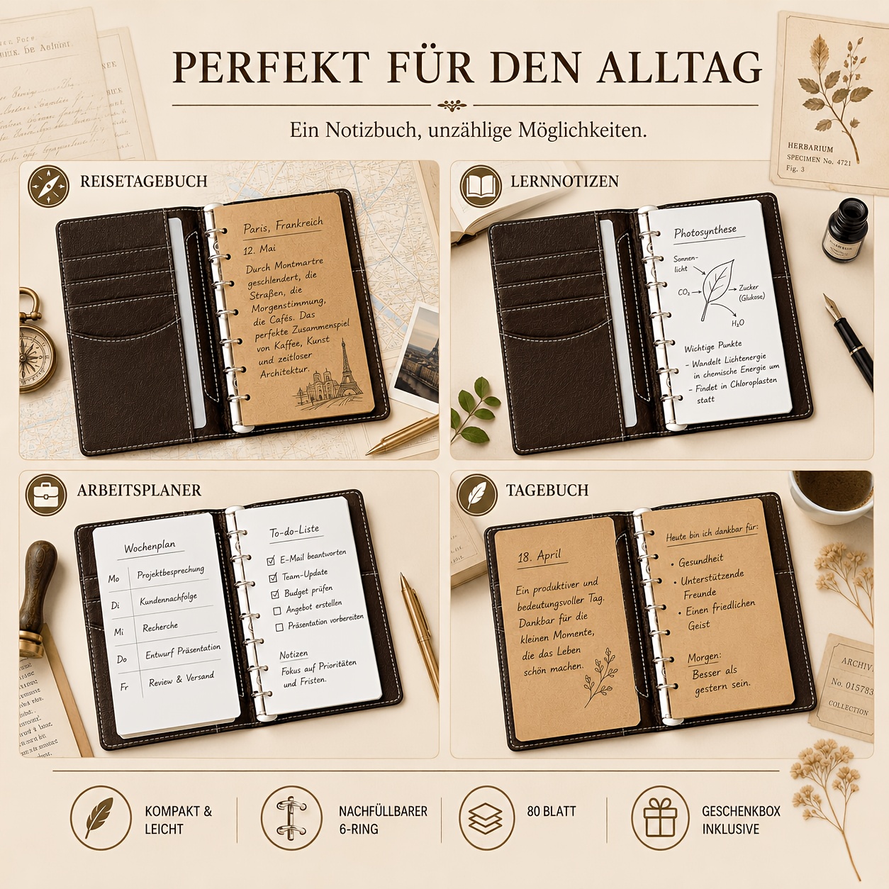 Image of A7 Mini Loose Leaf Journal, Refillable Pu Leather 6-ring Binder Notebook With 80 Sheets, Blank Or Paper, Card Slots And Gift Box, Diary For Notes, Study And Planning
