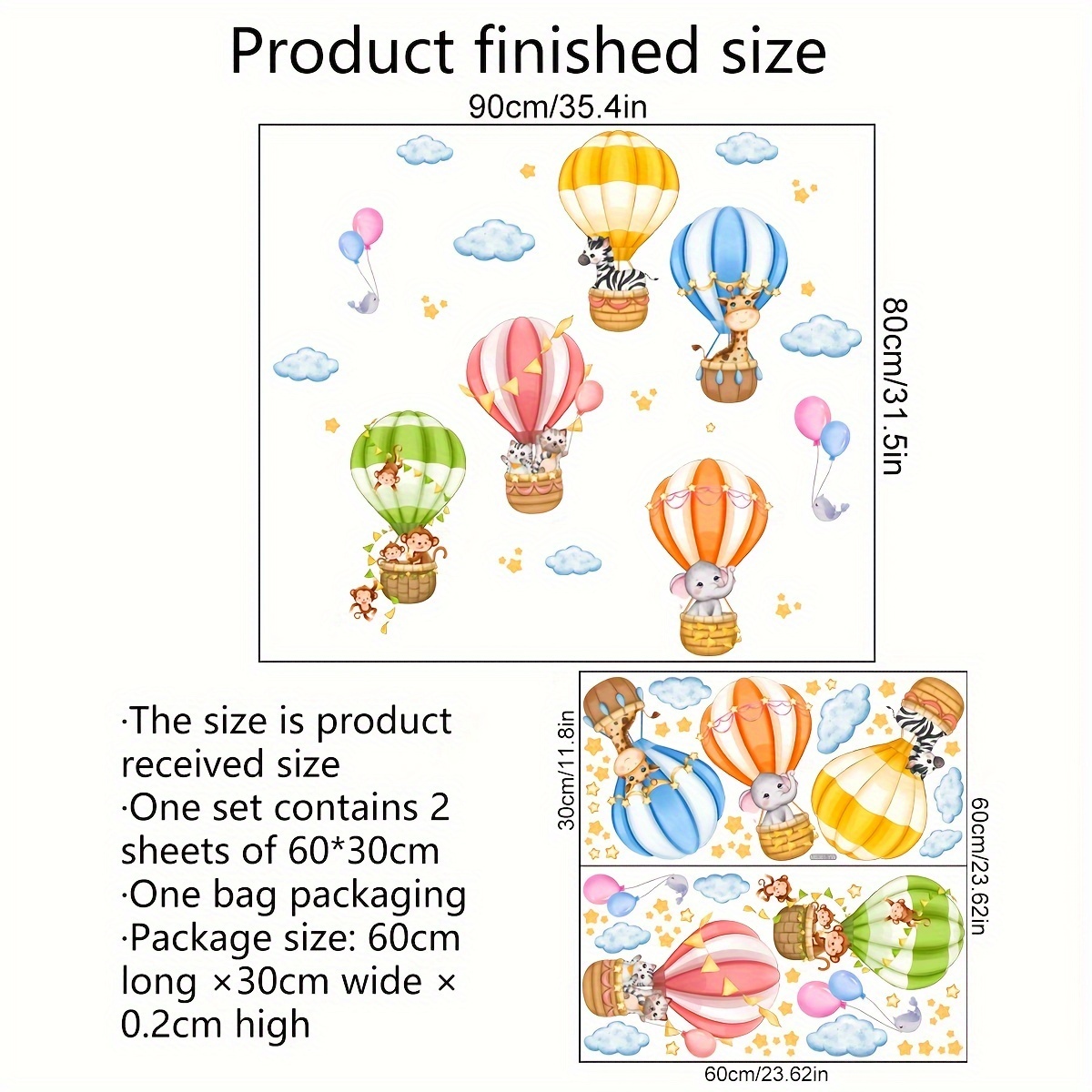Image of A Set Of 2pcs, 30*60cm*2pcs, Animal Hot Air Balloon Cloud Wall Stickers, Background Wall Living Room Room Decoration Self-adhesive Wall Stickers Ms361-yw
