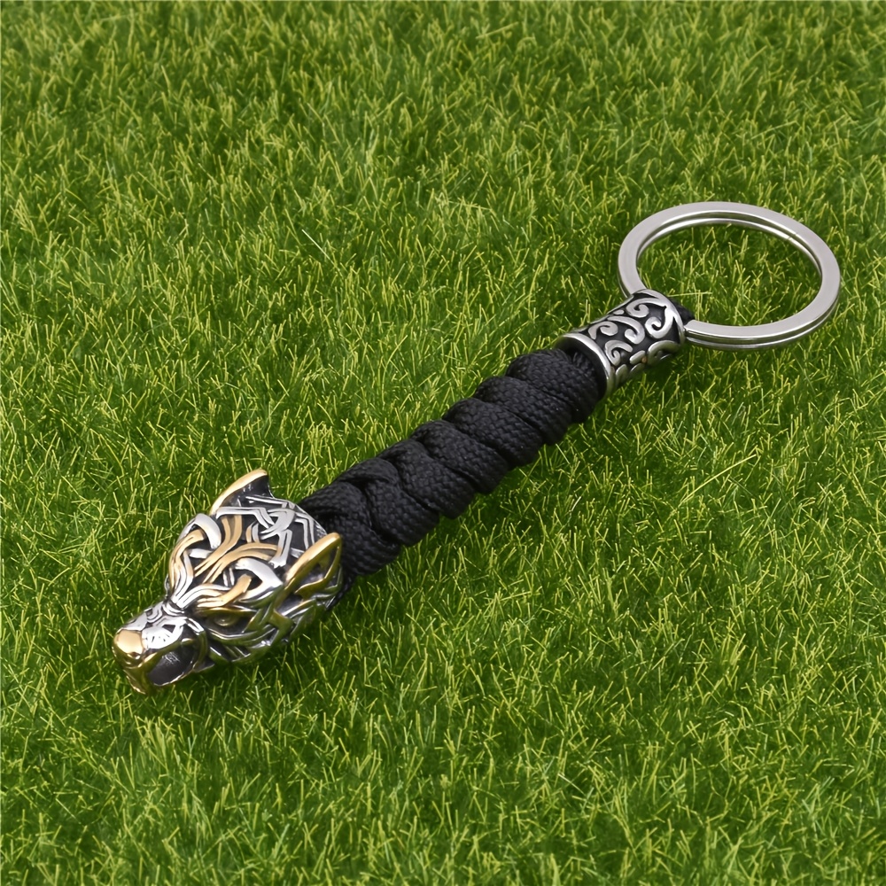 TEMU メンズ ステンレススチール ウルフヘッド キーホルダー アウトドア パラコード編みキーリング