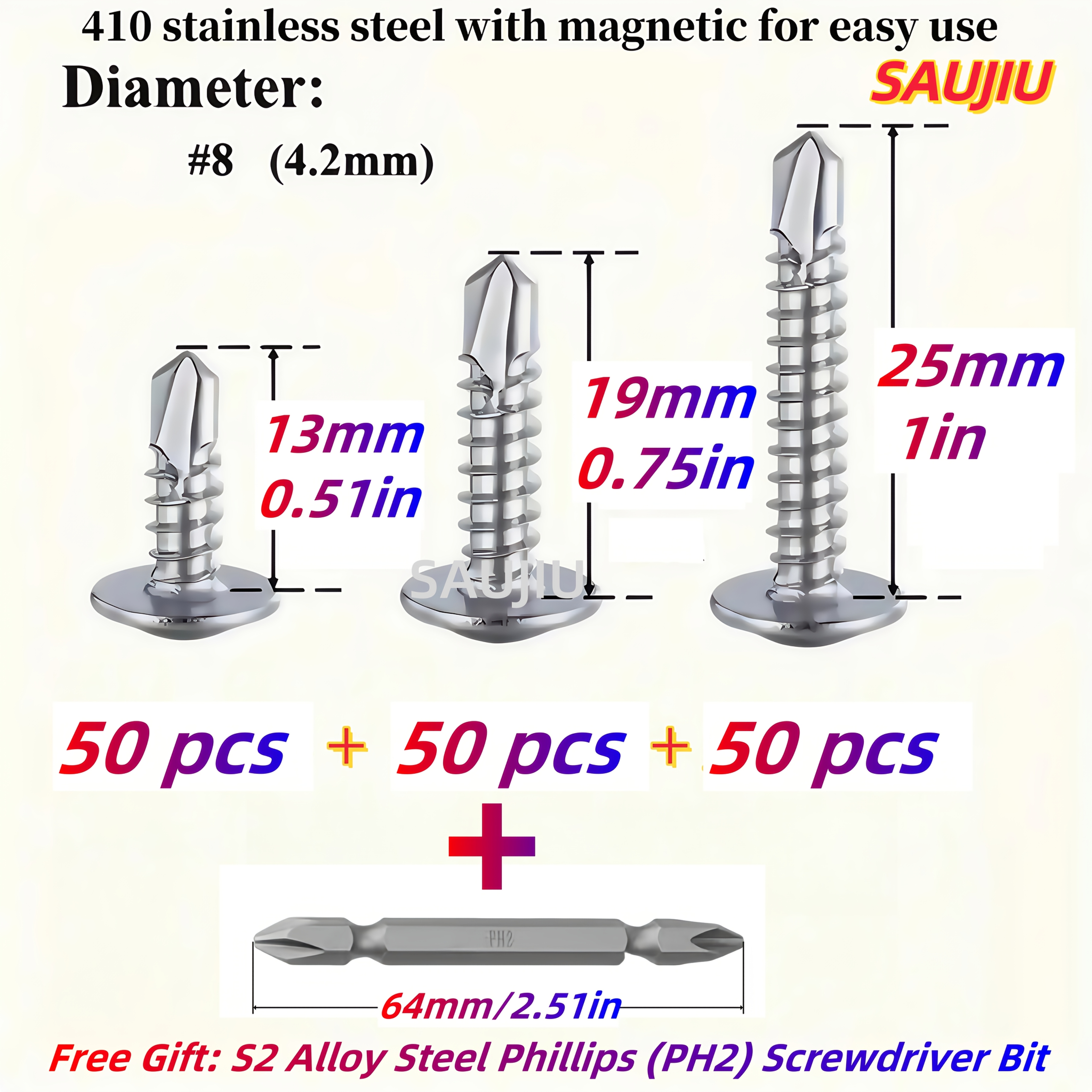 E-shop 150 Stück 410 Edelstahl #8 Selbstschneidende TEK-Schrauben-Set, Vollgewinde, Truss-Kopf, Phillips-Schlitz, Güteklasse 8.8, für Metall, Möbel,