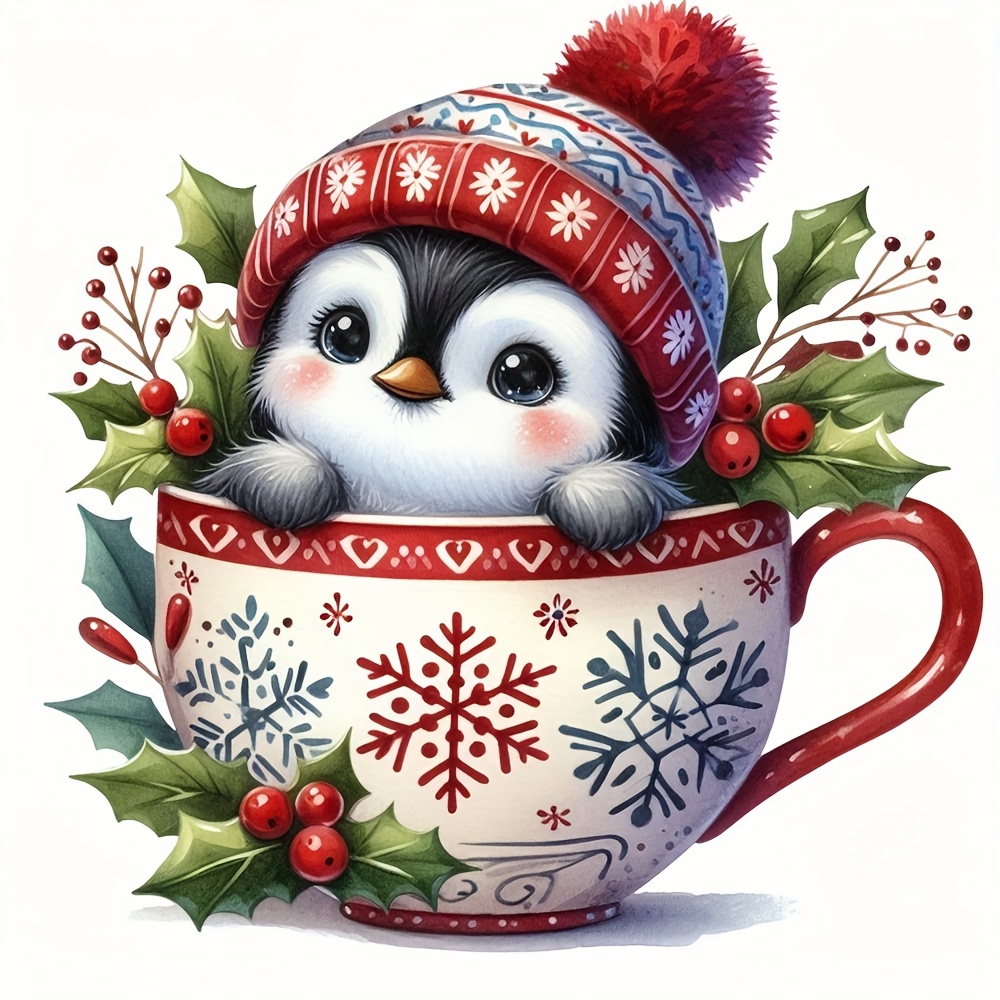 TEMU 1 Set - Creative Christmas Penguin In A Cup Themed Cross- Painting Kit, Diy Embroidery , 11ct Cross- Embroidery Painting, Gift For Enthusiasts.