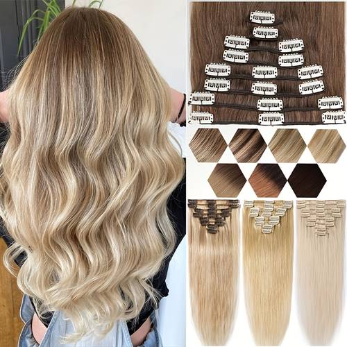 8pcs clip in human hair extensions for women remy hairpiece highlighted blonde clip ins durable and lightweight