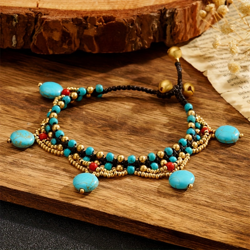 Women's Bohemian Style Natural Turquoise Double Layer Anklet