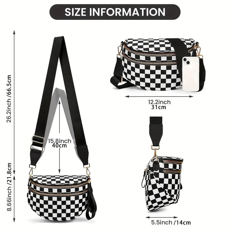 large black nylon crossbody bag with colorful checkered pattern design adjustable strap zip closure ideal for everyday use details 1