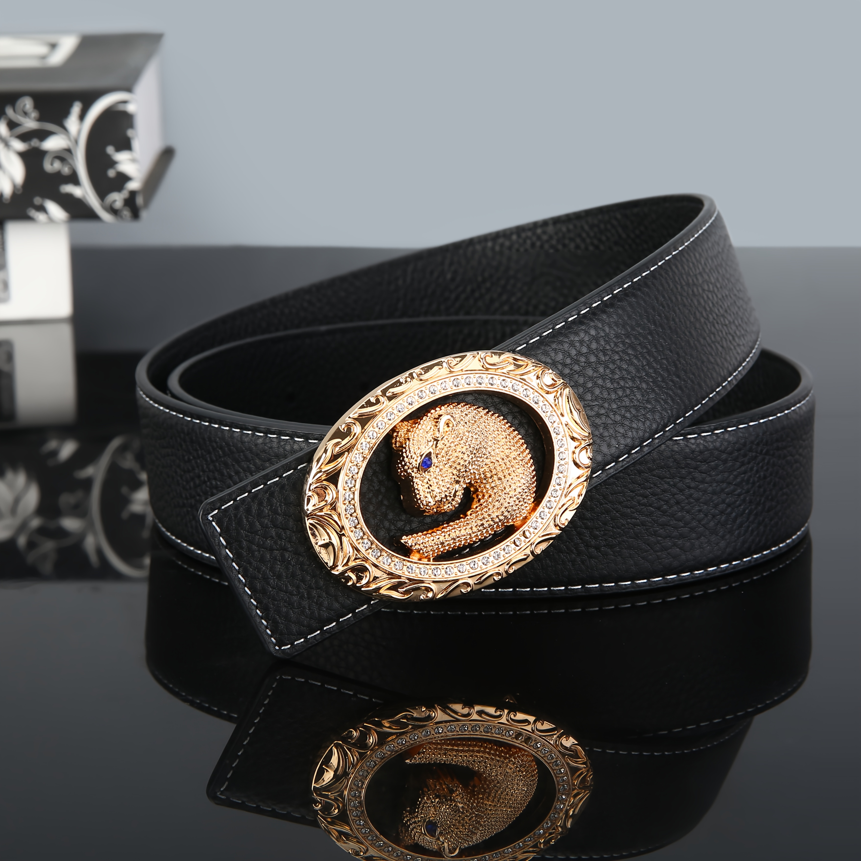 Double sided Top Layer Cowhide Belt With Diamond studded Leopard Head Buckle