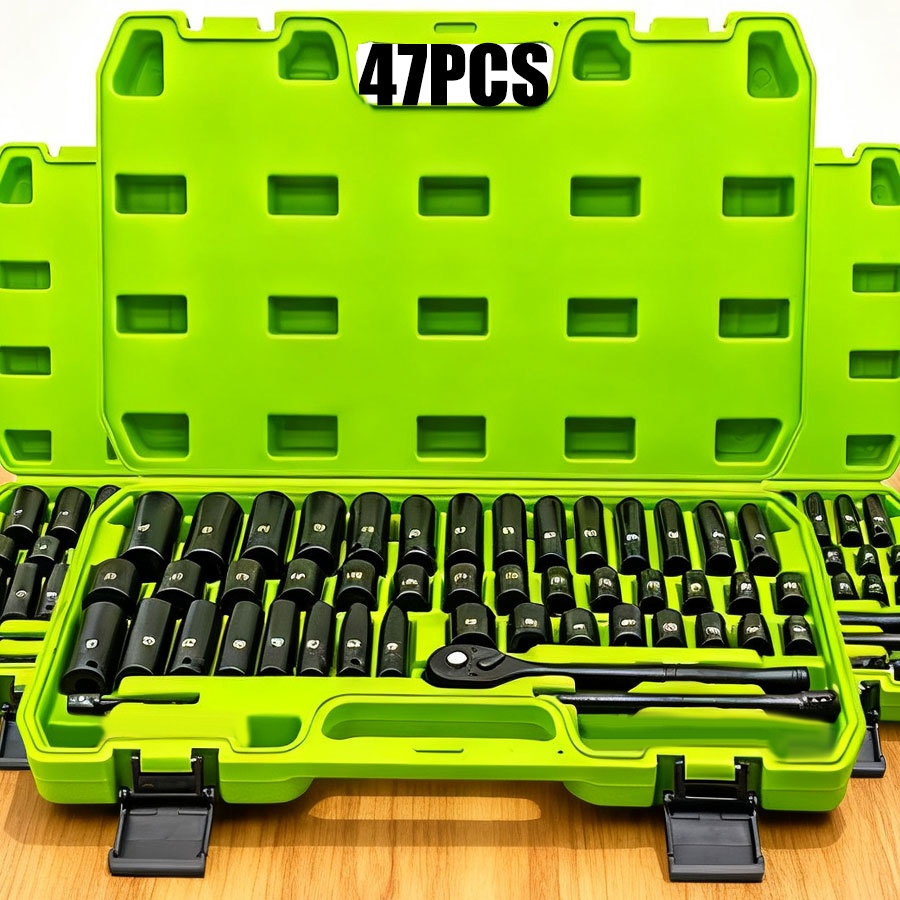 Impact Socket Set with Ratchet, Extensions, and Connector, 34 to 53 pcs, 3/8" & 1/2" Drive, SAE and Metric Sizes, 6-Point Cr-V Design