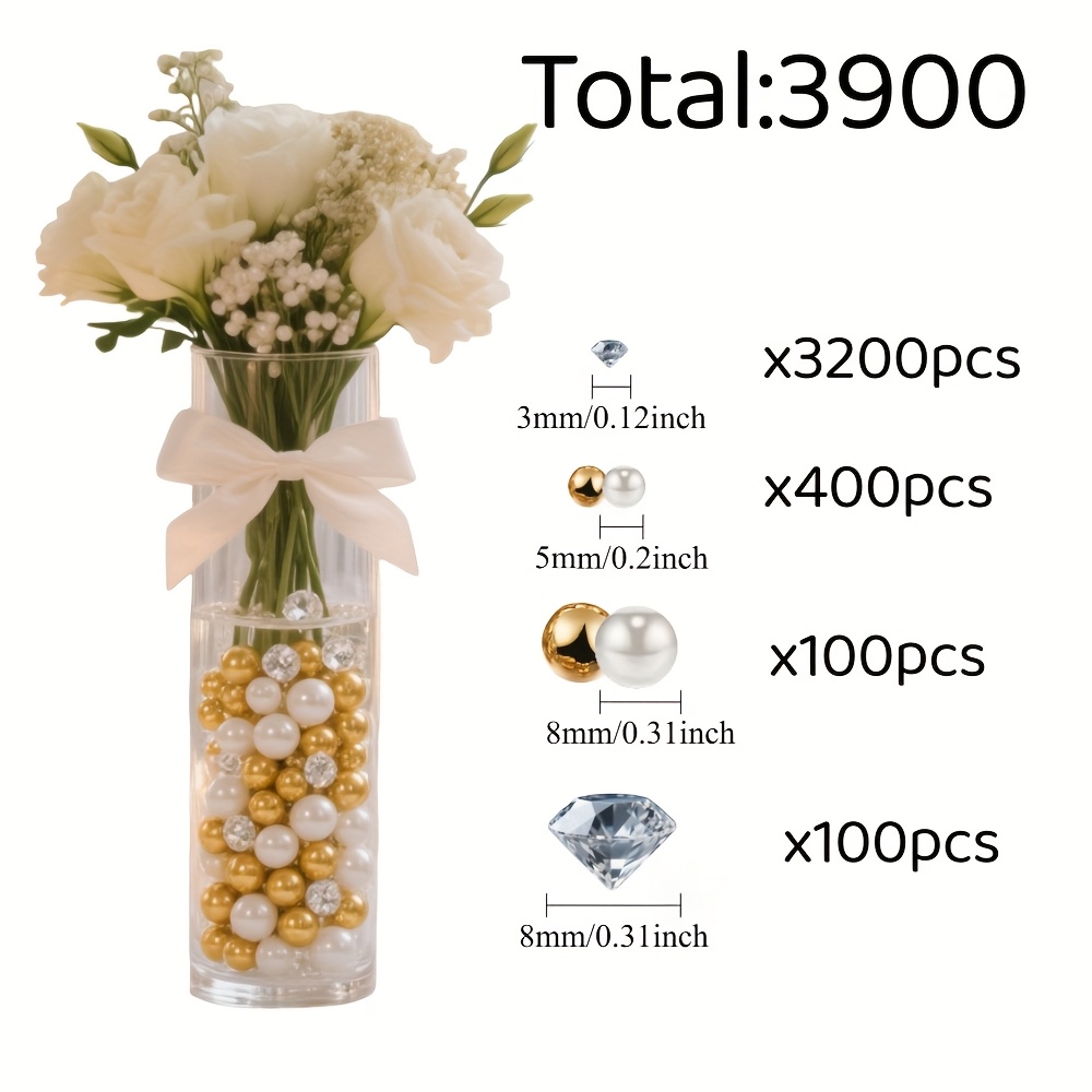 E-shop 3900 Stück Premium Kunst-Diamanten & Perlen – Langlebig, glitzernd für goldene Tischdeko, Hochzeitsdeko, Vasenfüller für Tafelaufsätze,