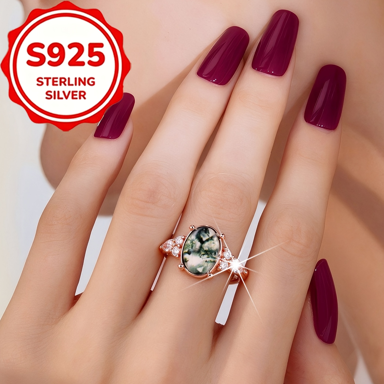 Women's S925 Imitation Natural Stone Oval Four-Claw Ring