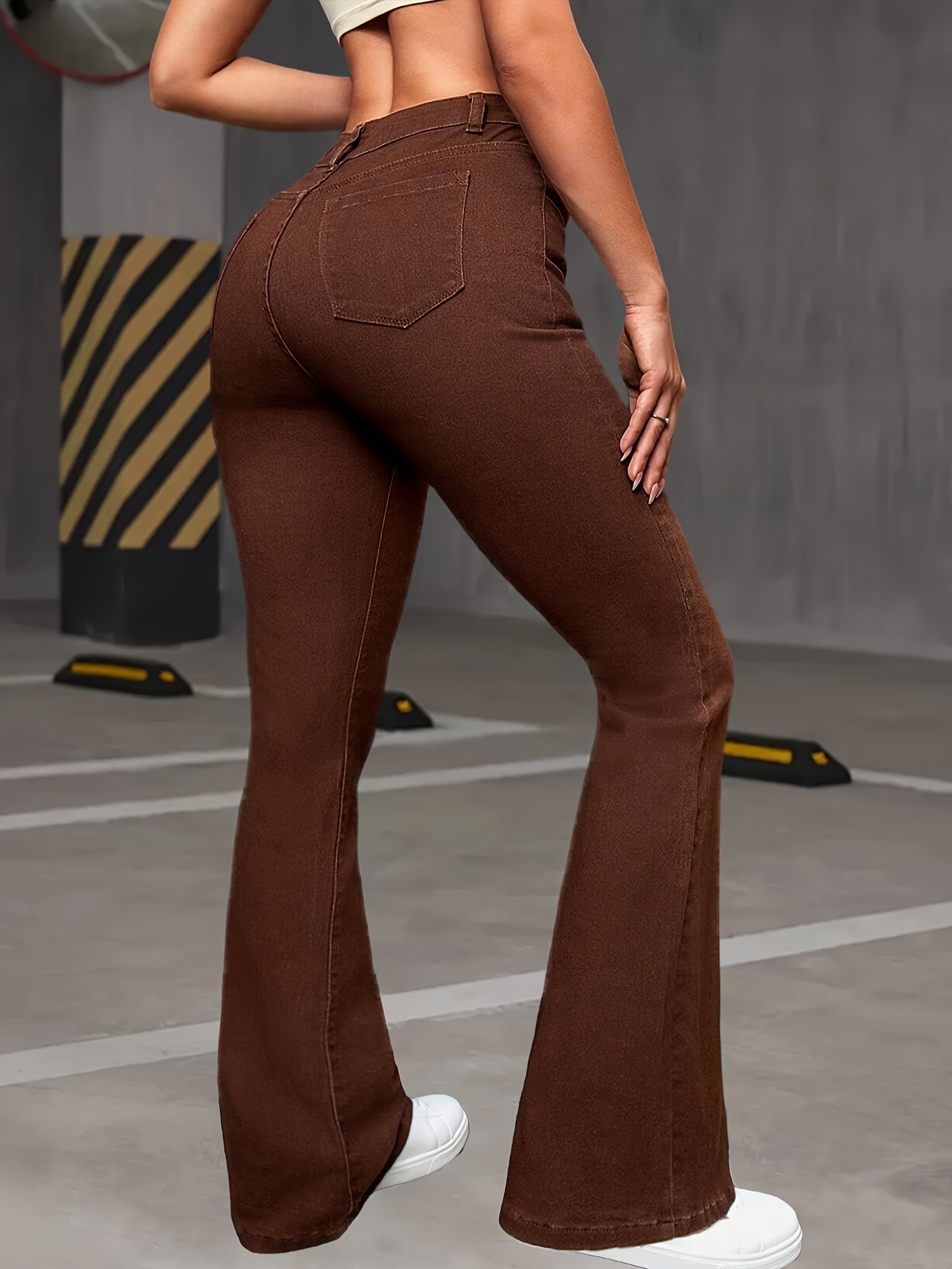 Women's High-Waisted Stretch Denim Flare Jeans in Coffee Brown - Comfortable All-Season Bell Bottoms with Button Closure, Slant Pockets, and High Elasticity Cotton Fabric