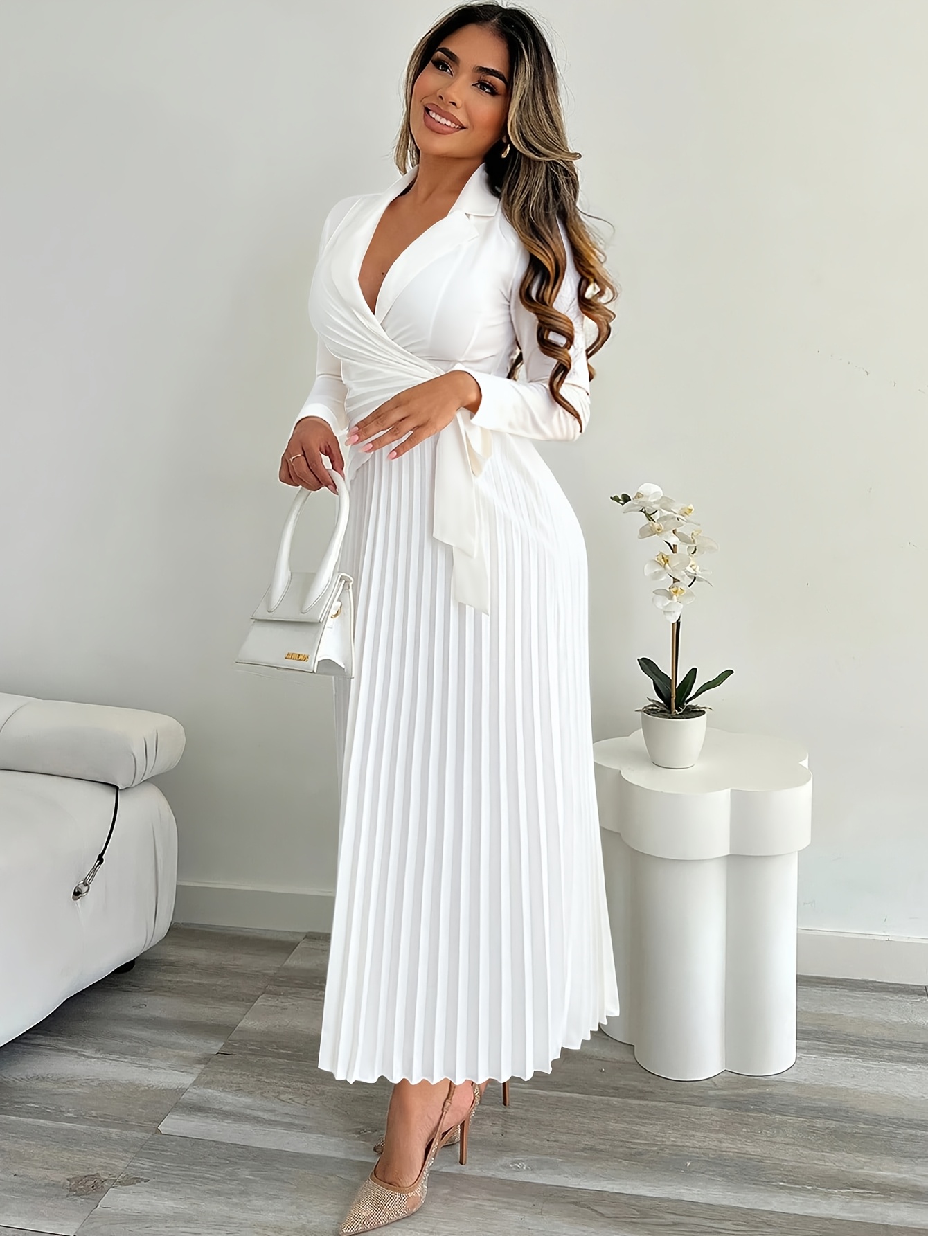notched lapel midi length dress long sleeves pleated waist - Temu Poland
