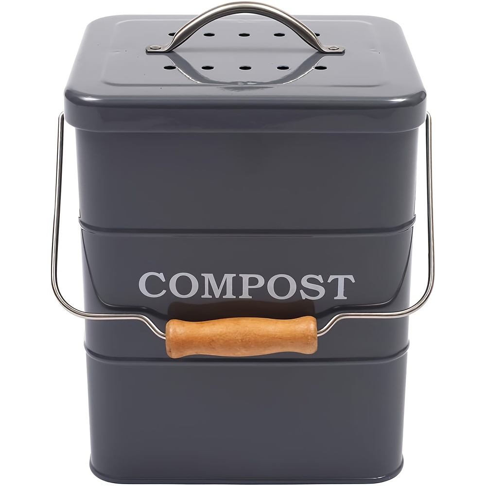 

1 Gallon Metal Kitchen Compost Bin With And Wooden Handle - Indoor Countertop Composter For Food Waste, Gray