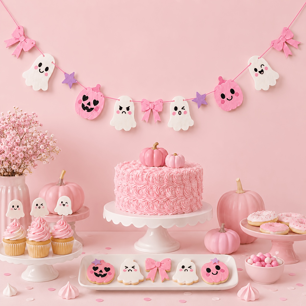 TEMU 2d Flat, 1pc 2m Pink Halloween Diy Felt Garland, 2d Flat Pumpkin Bow And Star Hanging Banner For Fireplace, Living Room, Classroom And Halloween