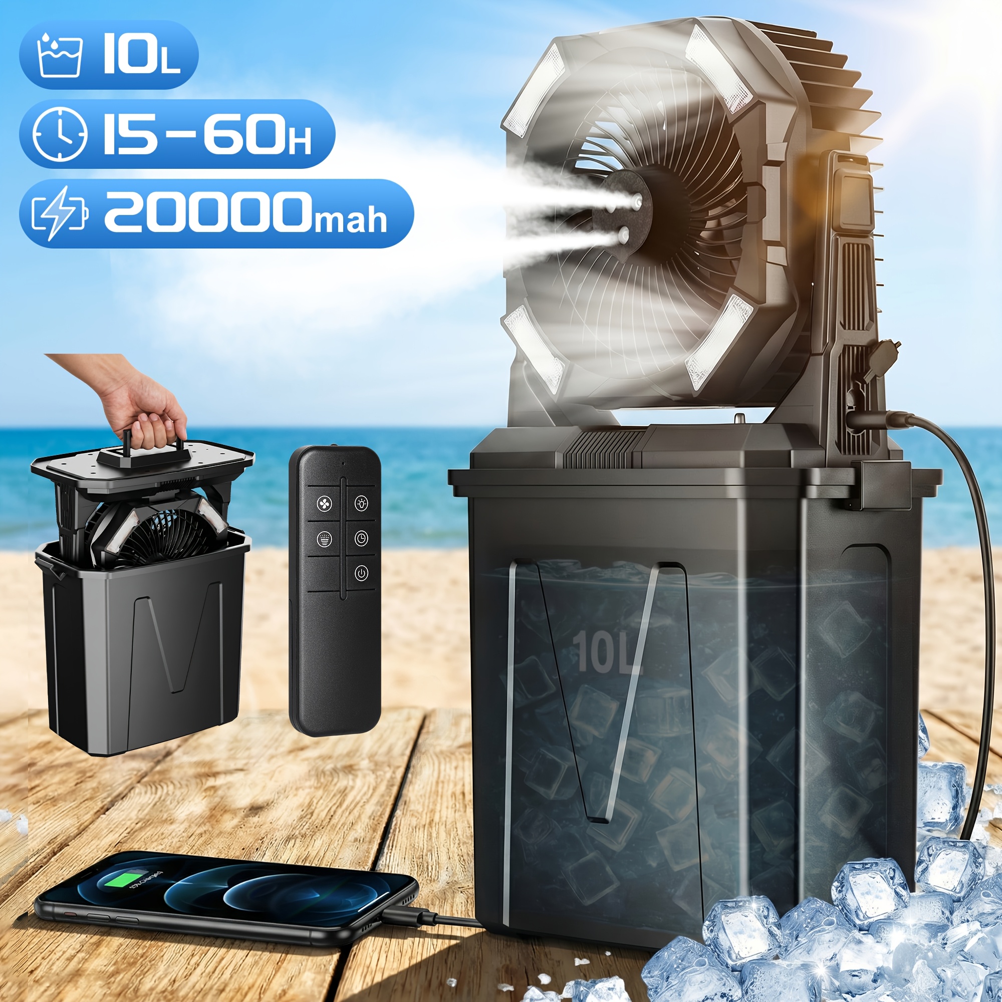 TEMU [3 In 1] 20000mah Portable Misting Fan With 10l Water Tank, 15-60h , 4 & 4 Mist Settings, 4.6m/s High Velocity, Remote Control, Led Light,