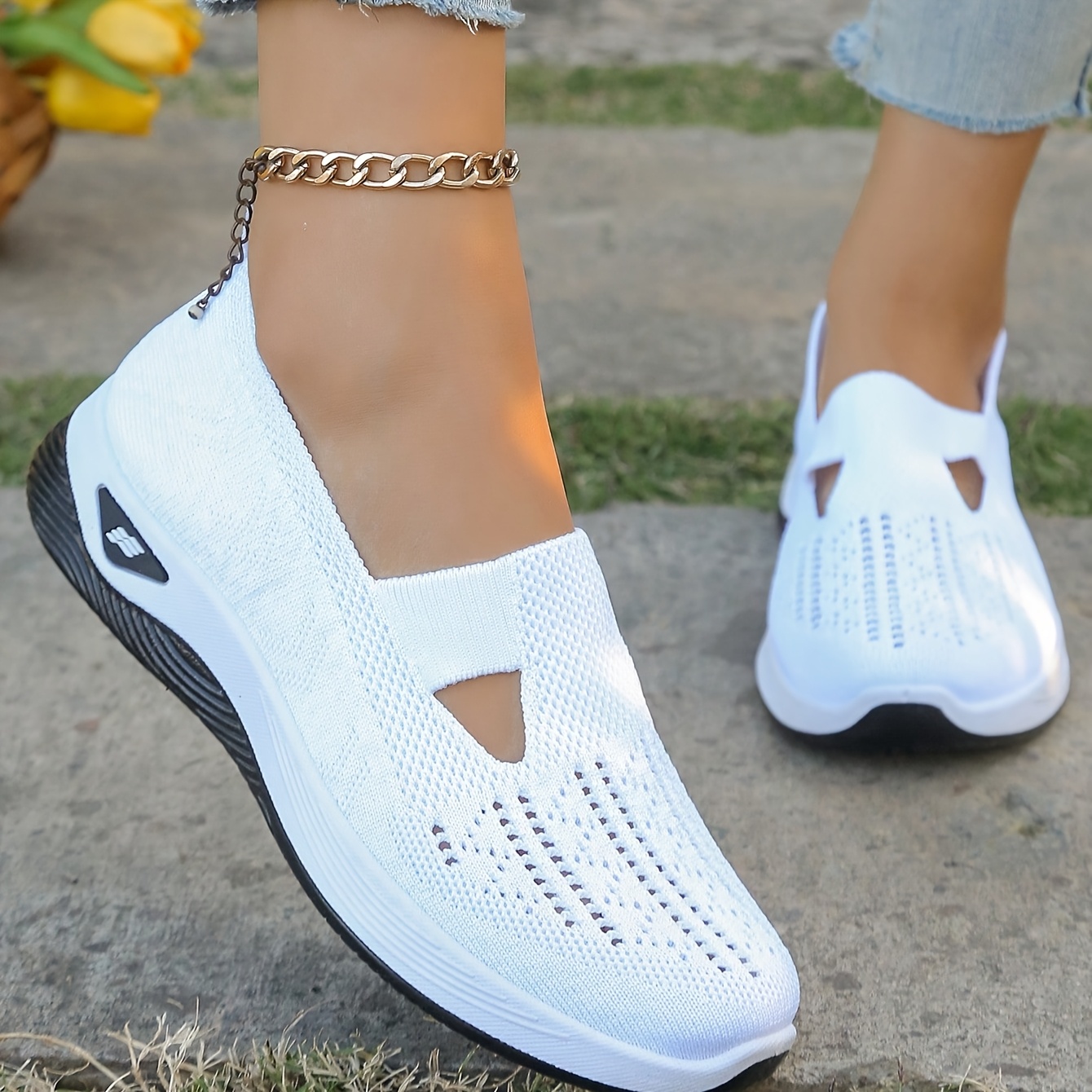 TEMU Women's Breathable Knit Wedge Casual Shoes, Hollow Cut Lightweight Platform Sneakers, Soft Casual Loafers, Suitable For Daily Shopping, Travel,