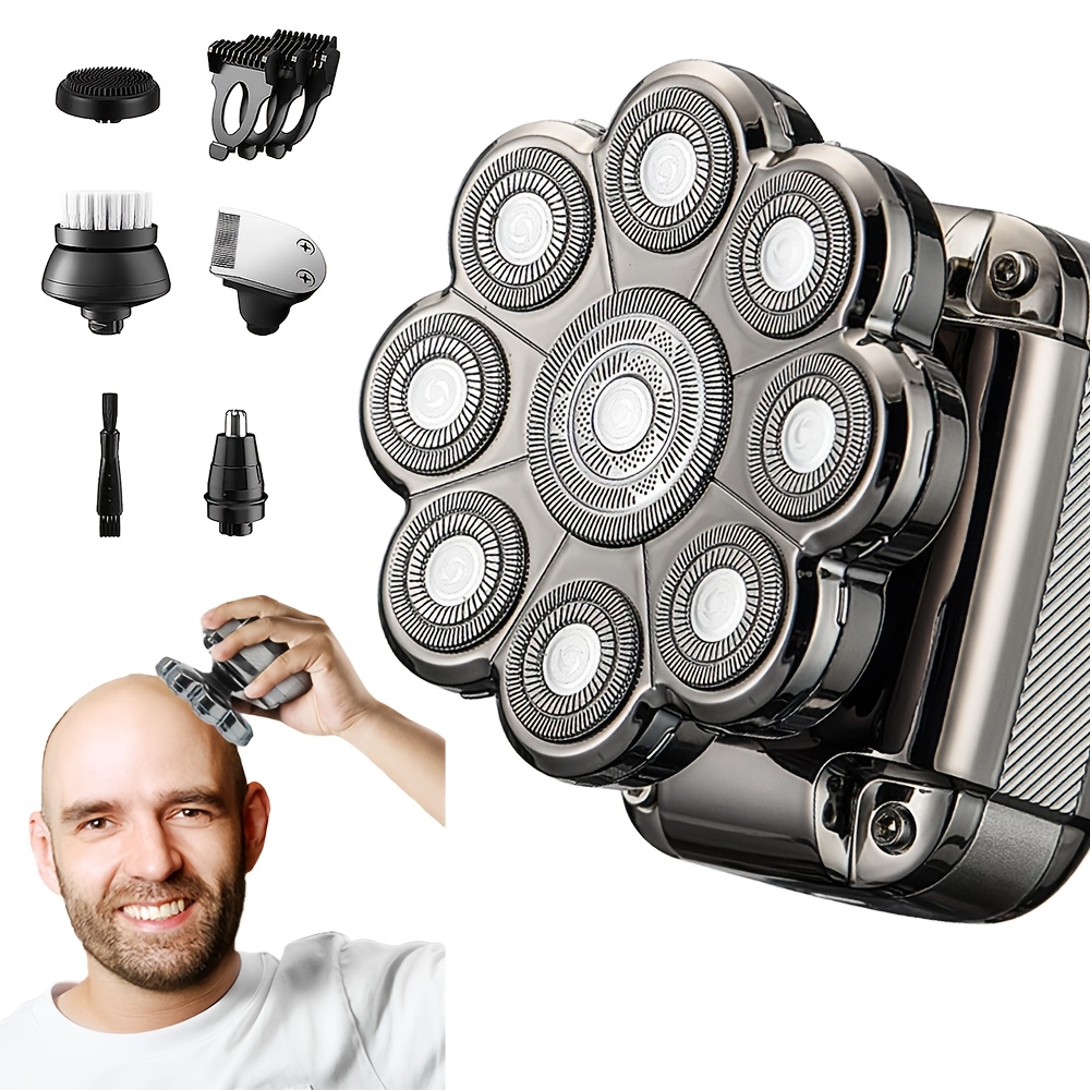 TEMU 9-blade Head Shaver Electric Beard Trimmer And Shaver For Men - Waterproof Rechargeable With Type-c Charging, Cordless Operation, Flexible And -