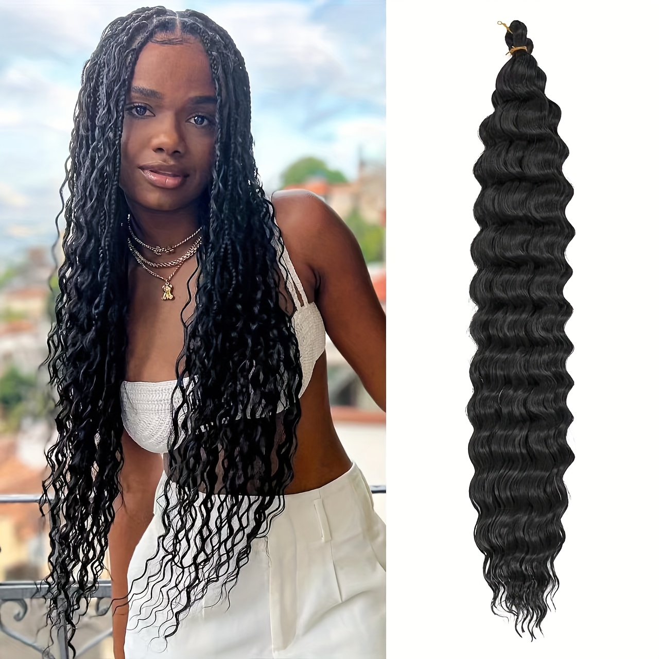 Image of Single Pack 20-inch Synthetic Crochet Braided Deep Wave Crochet Hair Extensions, Suitable For Women's Hair Extensions, Wavy Curly Synthetic Long Curly Hair