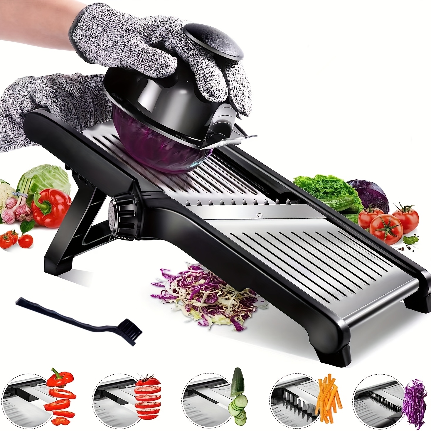 Exclusive Mandoline Food Slicer, Adjustable Stainless Steel Vegetable Slicer for Potatoes, Onions, And Chips, Includes a Cleaning Brush for Slicing Tomatoes 10 Exclusive Mandoline Food Slicer, Adjustable Stainless Steel Vegetable Slicer for Potatoes, Onions, And Chips, Includes a Cleaning Brush for Slicing Tomatoes - Image 10