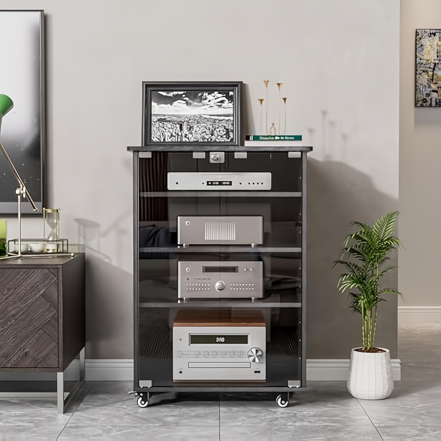 5-layer Media Stand, Height Adjustable Component Stereo Rack With Glass Door Lock And Brake Wheels, Equipment Storage Stand For Dvd Player, Set-top Box