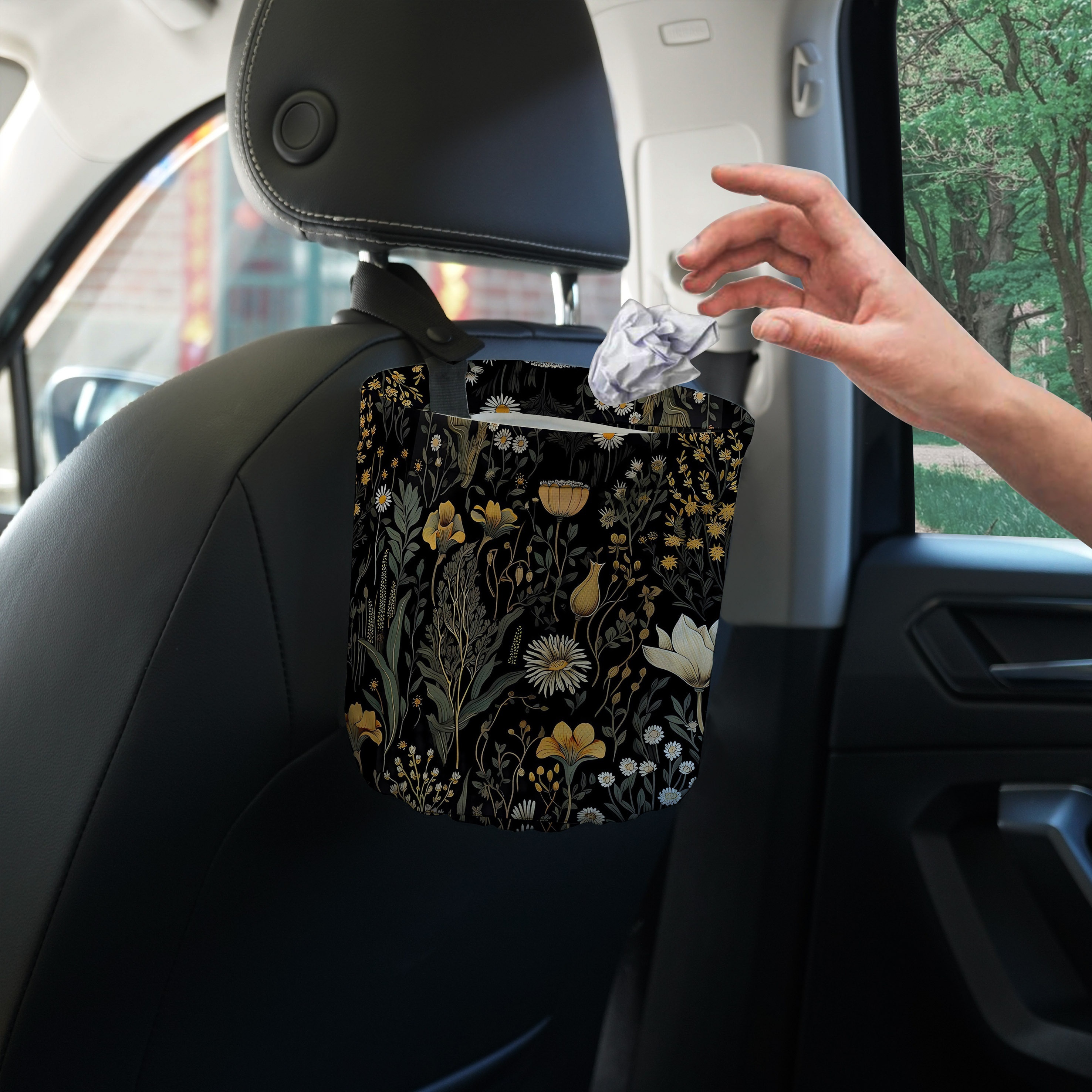 Image of 1pc A Black Floral Car Trash Can, Dustbin, Trash Bin For Kitchen Camping, Car Interior Car Additions For Women, Car Garbage Organizer, Car Decor