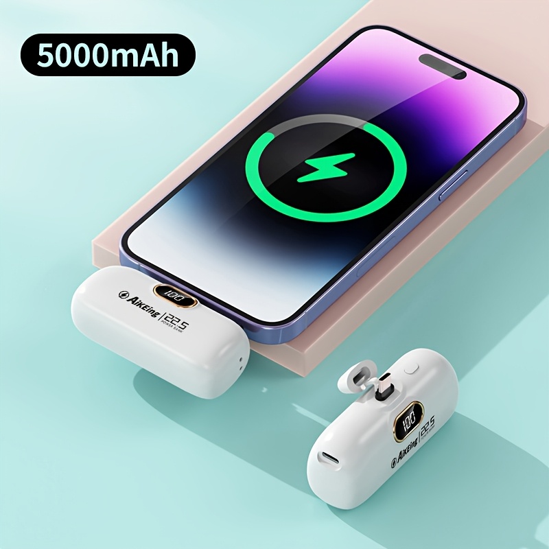 TEMU 5000mah Mini Portable Charger, Charger, Built-in Type-c Connector, Fast Charging Power Bank For And All Mobile Devices, Compact Travel Charger,