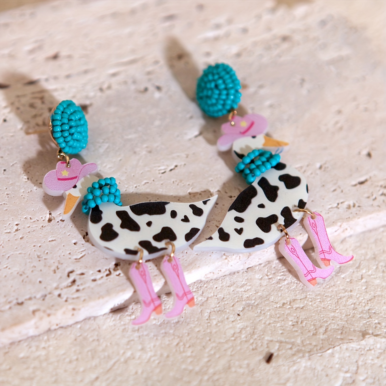 

Cute Handmade Seed Bead Earrings, 14k Golden Plated Acrylic Denim Hat Boots Cow Pattern Earrings, Stainless Steel Ear Needle, Mardi Gras Day Jewelry