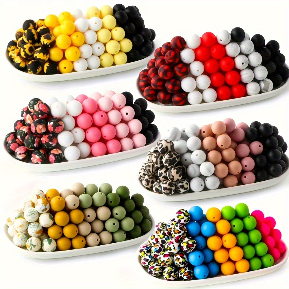 

50pcs 15mm Silicone Solid Colorful Flower Pattern Round Loose Beads For Jewelry Making Diy Special Fashion Key Bag Chain Beaded Pens Decors Bracelet Necklace Lanyards Handmade Craft Supplies