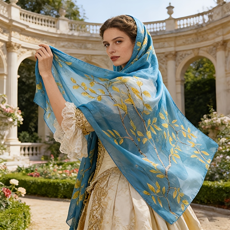 Image of Women's 100% Silky Scarf - -inspired Silk Shawl In Watercolor Art, A Versatile Neck Scarf And Hair Accessory, Perfect For Daily , Travel, And Wind Shielding