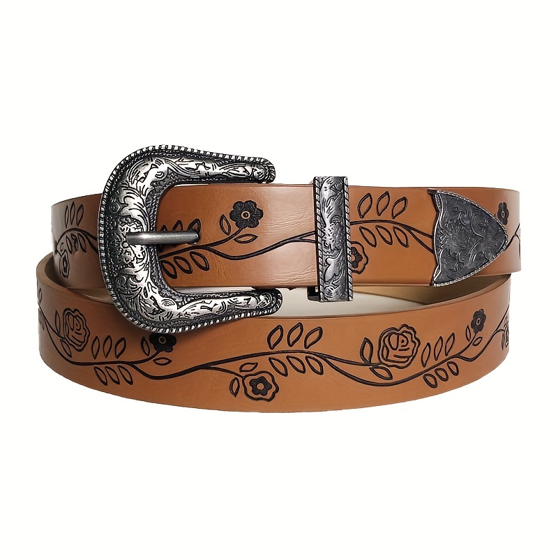 

Ceinture en Similicuir Bohème Vintage pour Femme, Couleur Unie avec Imprimé Intégral, Boucle en , Entretien en Tissu Sec - Noir