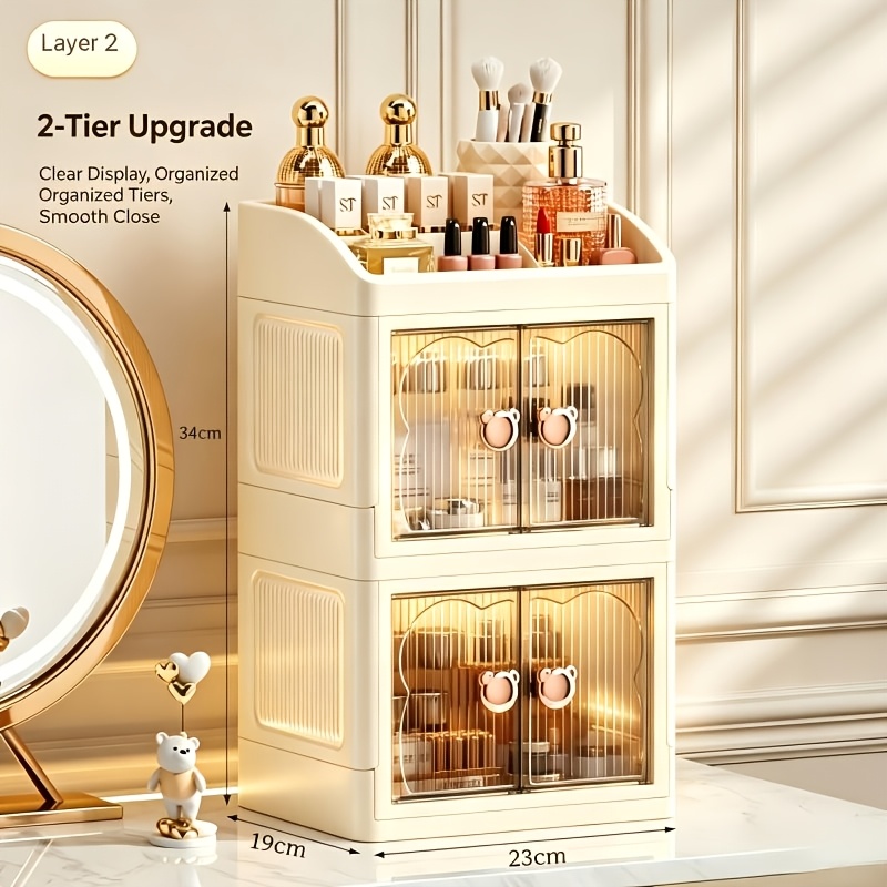 TEMU Upgrade 2-tier/ 3-tier Makeup Organizer, Cream Style Cosmetic Storage Cabinet With Clear , Dustproof Large Capacity Desktop Skincare & Lipstick