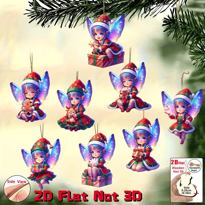 TEMU 2d Flat, 2d Flat - 8pcs Set Of Cute Christmas Elf Wooden Hanging Ornaments - 2d Flat, Assorted Elf Figures, Not 3d | , Made Of Wood | Suitable