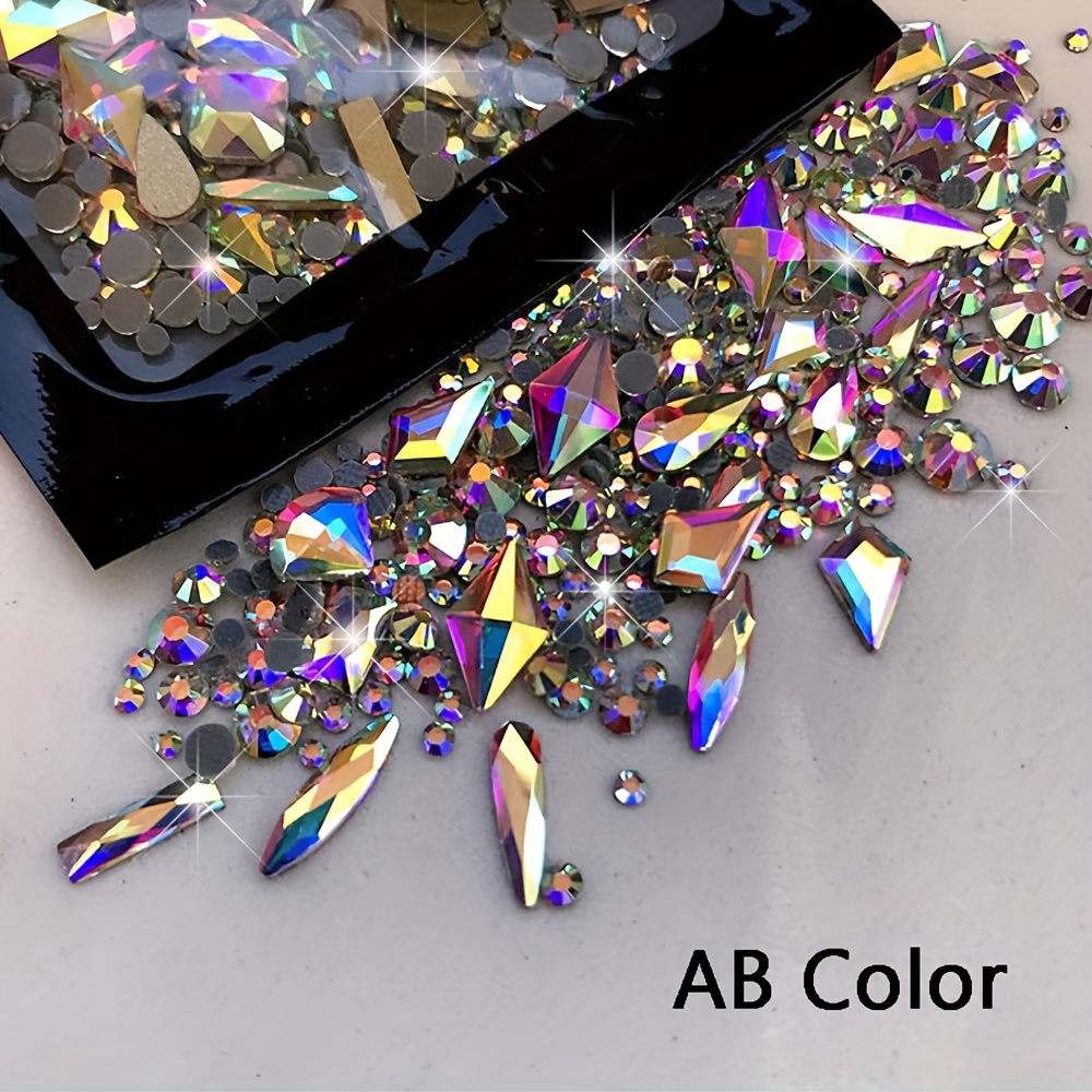 Image of 170pcs Flat Round Rhinestone And Large Shapes Nail Rhinestones Crystal Zirconia Gemstone Ornaments Nail Charm, Flatback 3d Rectangular Irregular Strass Nail Rhinestones, Ab Moon Light Color Making