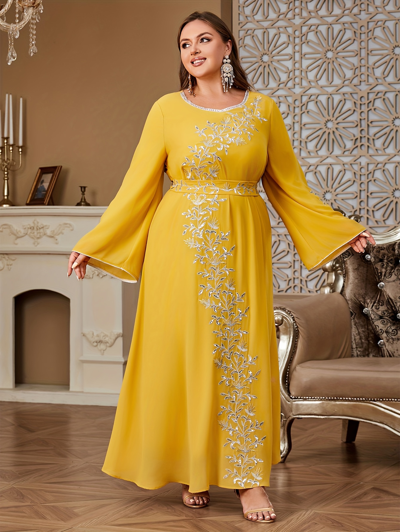 Plus Size - Plus Size - Embroidery Abaya Women Dubai Belt Included Muslim  Elegant Women Evening Dress Belted Kaftan