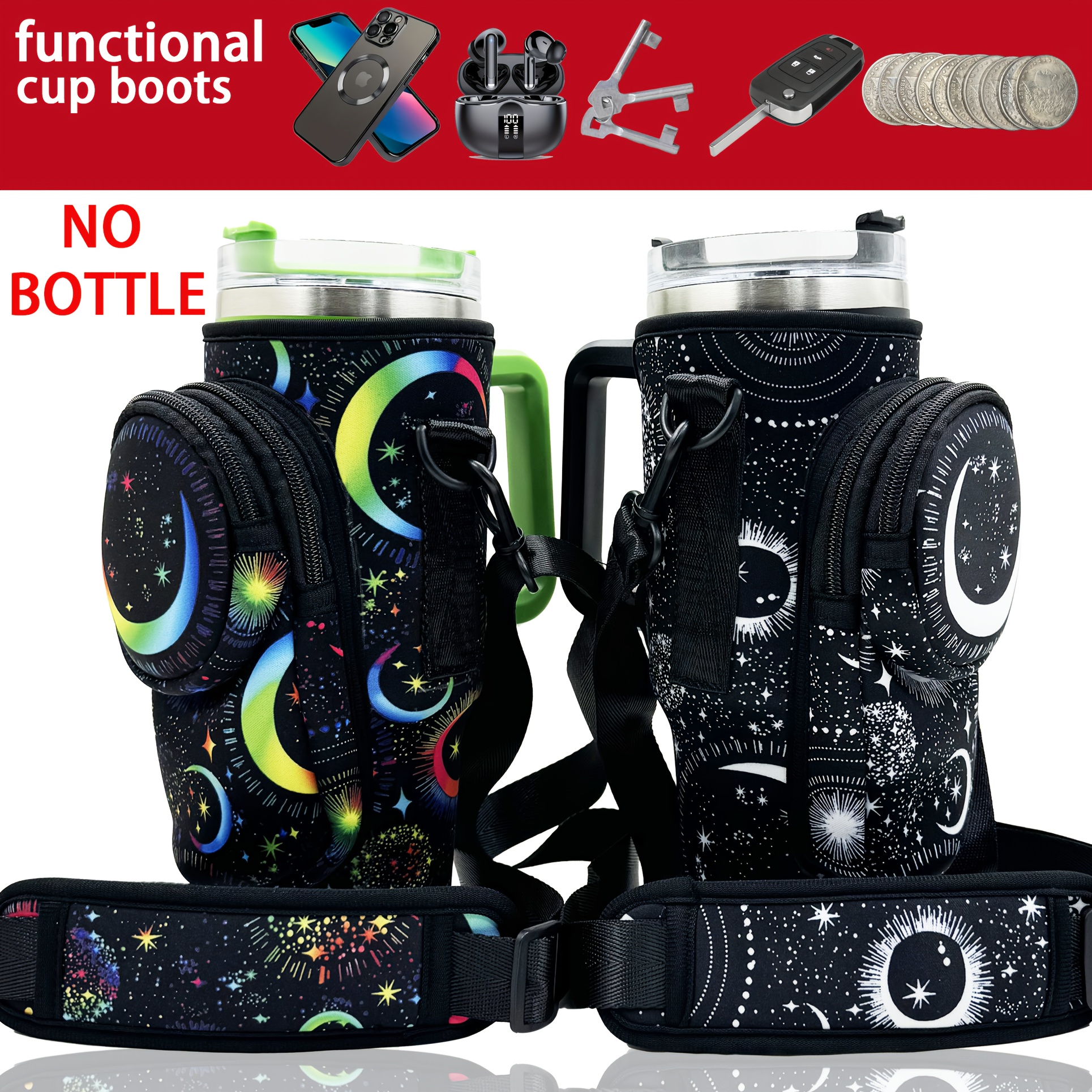 

Starry Night & Moon Print 40oz Bottle Sleeve With Adjustable Strap And Phone Pocket - Detachable Crossbody Design For Outdoor Activities