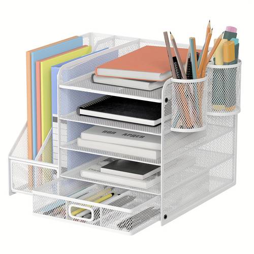 5-stufiger metallgitter-schreibtisch-organizer mit schublade, aktenhalter & stiftebecher – langlebige aufbewahrung für zeichenpapier, bleistifte, zeitschriften – ergonomisches design ohne strombedarf, arbeitsplatzorganisation und schubladenorganizer für zuhause